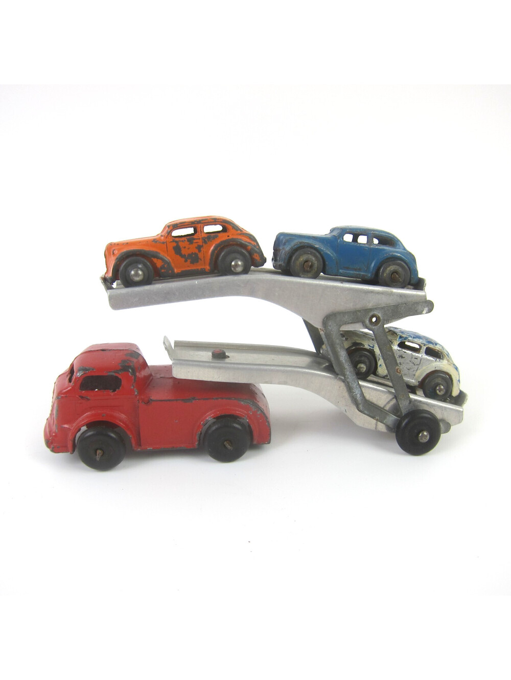 Vintage Barclay Slush Mold Diecast Car Transporter Hauler Truck Red and 3 Cars